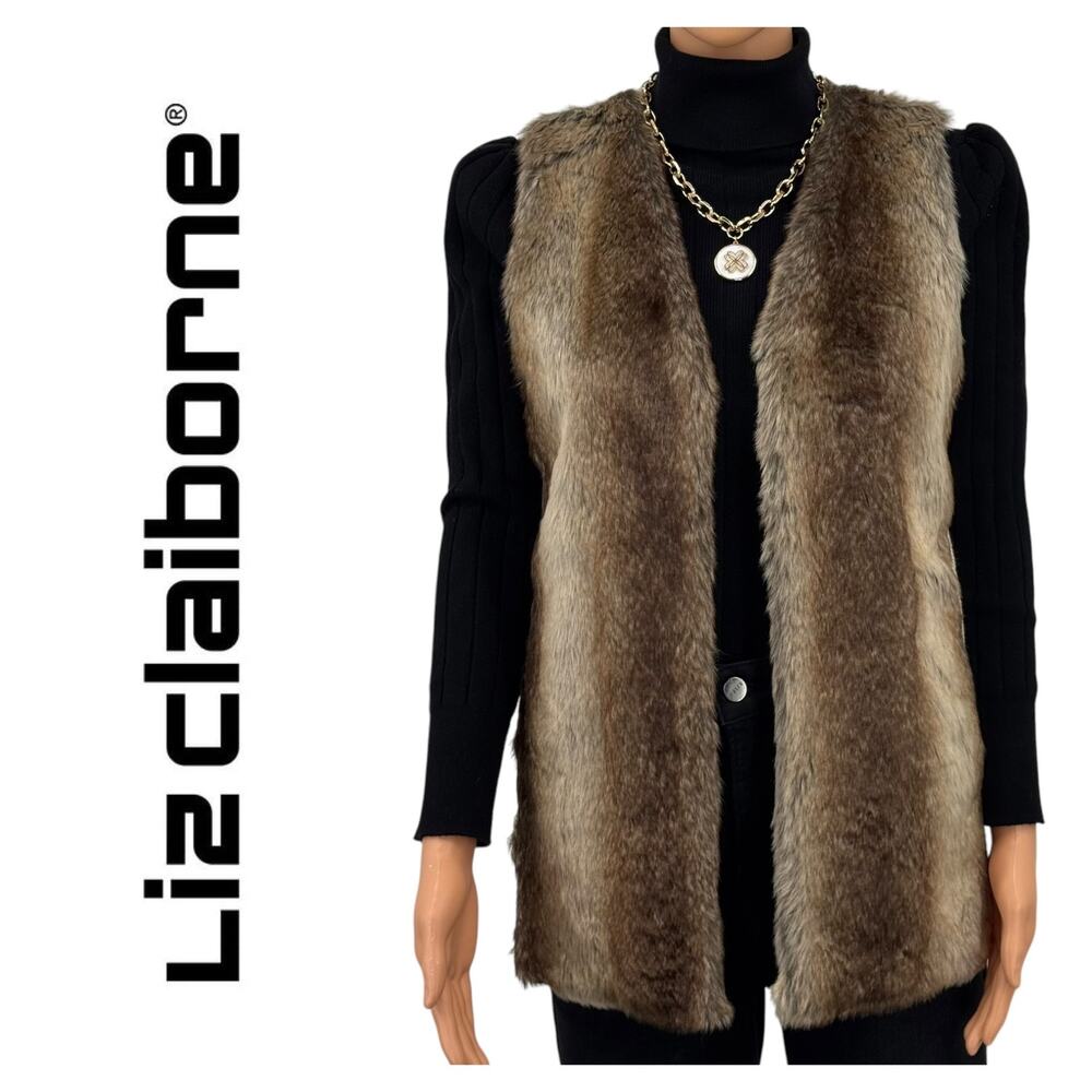 Liz Claiborne Womens Faux Fur Sweater Vest with Knit Back Size S Pockets